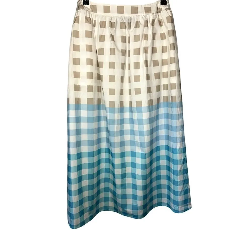 MING WANG Women's Two Piece Gingham Cotton Poplin Skirt Set Blue/Tan Size Small